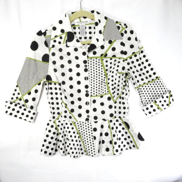 Mishka Art To wear Polka Dot Top Sz S Peplum Front Button Blouse Black &‎ White - Picture 2 of 11